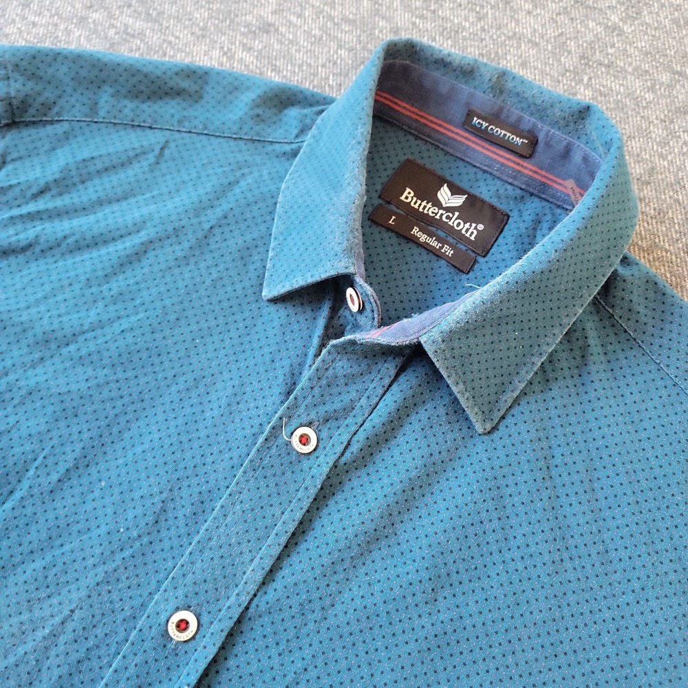 Buttercloth Shirt Men's Large Blue Icy Cotton Geometric Button Up Regular Fit